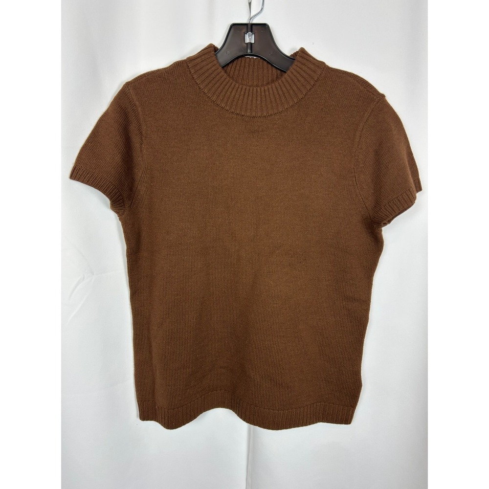 Nicole Miller Brown Extra Fine Merino Wool Mock Neck Short Sleeve Sweater M
